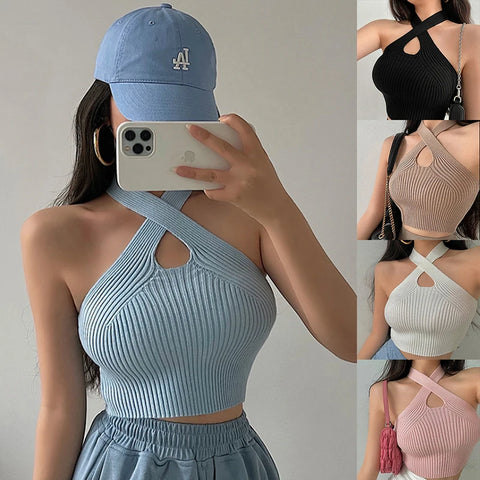 Vest Crop Top Women Halter Tops Female Knitted