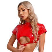 Women’s Crop Top with Mock Neck Short Sleeve Back