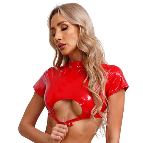Women’s Crop Top with Mock Neck Short Sleeve Back