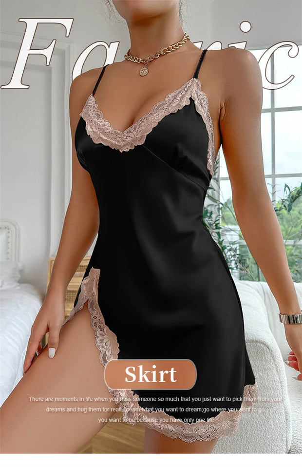 Silk Satin Lace Women Nightgown Sleeveless