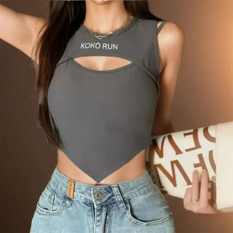 Casual Crop Tops Women Knit Irregular Tops Hollow