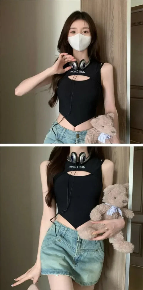 Casual Crop Tops Women Knit Irregular Tops Hollow