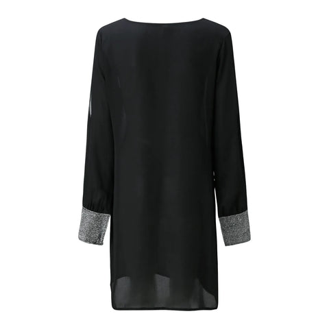 Dresses For Women 2025 Elegant Shiny Mesh Stitching Long Sleeve Robe Solid Color V Neck Mini Dress Evening Party Dresses Vestido