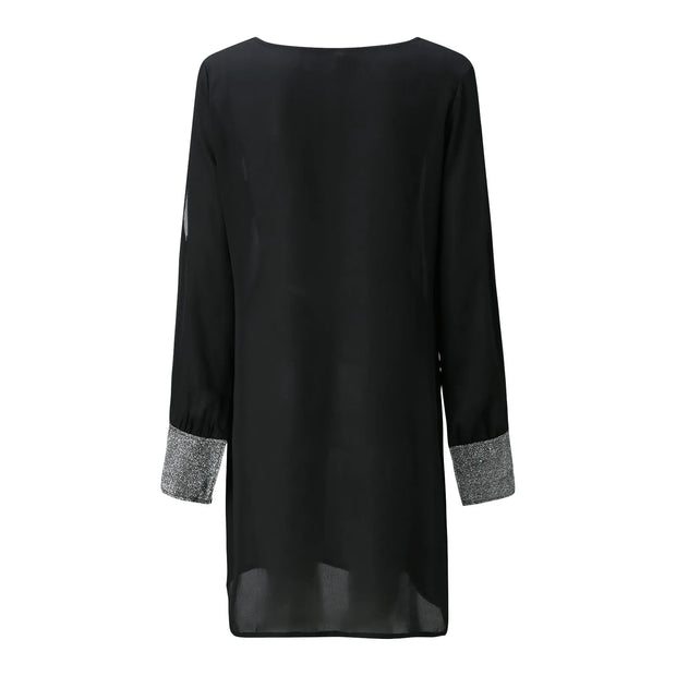 Dresses For Women 2025 Elegant Shiny Mesh Stitching Long Sleeve Robe Solid Color V Neck Mini Dress Evening Party Dresses Vestido