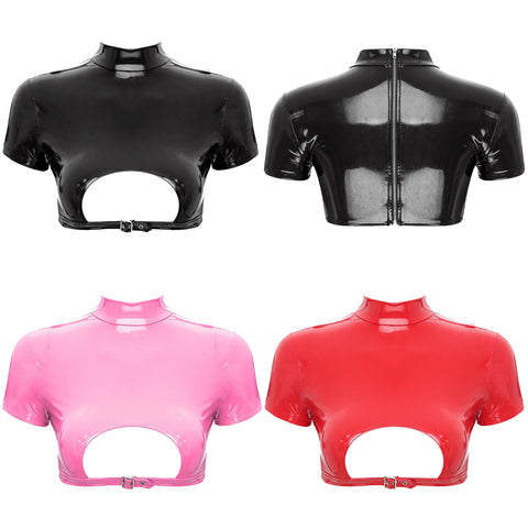 Women’s Crop Top with Mock Neck Short Sleeve Back