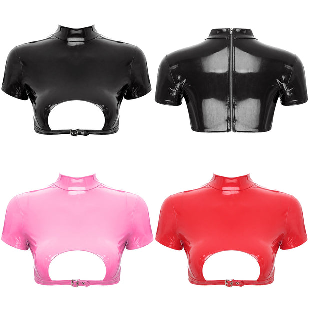 Women’s Crop Top with Mock Neck Short Sleeve Back