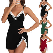 Sexy Sleepwear Women Lace Silk Satin V-Neck
