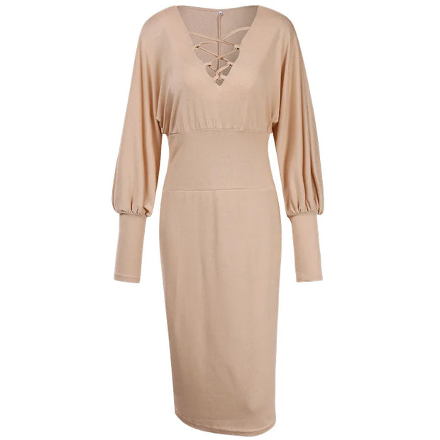 Dresses for Women 2022 Summer Autumn Fashion Casual V Neck Long Sleeve Hollow Out Waist Pack Hip Dress