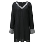 Dresses For Women 2025 Elegant Shiny Mesh Stitching Long Sleeve Robe Solid Color V Neck Mini Dress Evening Party Dresses Vestido