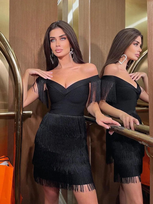 Women Evening Dresses Sexy Big V Neck One-shoulder Fringed Skirt Ladies Temperament Slim Dress Short Sleeve Club Dress Vestidos