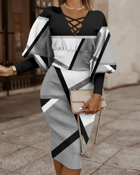 Dresses for Women 2022 Summer Autumn Fashion Casual V Neck Long Sleeve Hollow Out Waist Pack Hip Dress