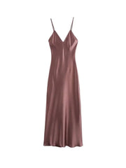 Women's Satin Midi Dress, V Neck, Thin Straps, Backless