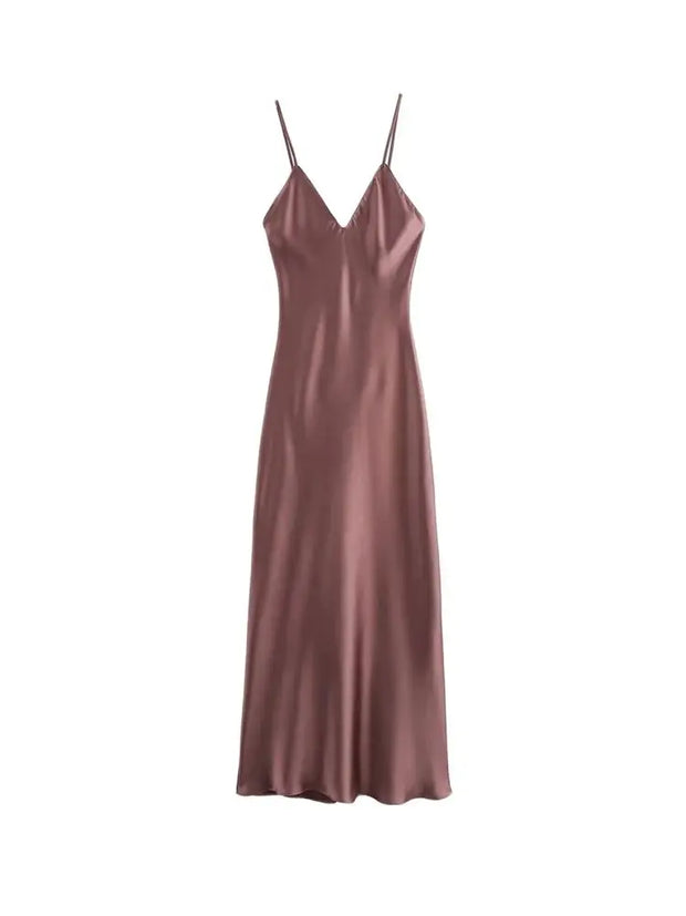 Women's Satin Midi Dress, V Neck, Thin Straps, Backless