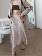 Silk Satin Skirts for Women Elastic High Waist