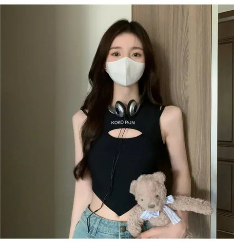 Casual Crop Tops Women Knit Irregular Tops Hollow