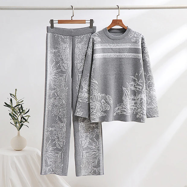 Elegant Loungewear 2 Piece Knit Pants Set Ink
