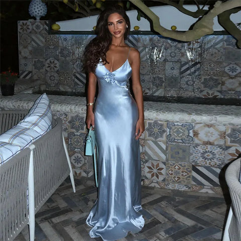 Silky Banquet Women Maxi Dress Solid Soft Appliques