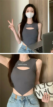 Casual Crop Tops Women Knit Irregular Tops Hollow