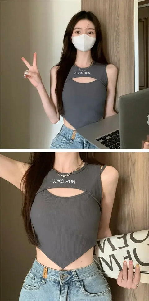 Casual Crop Tops Women Knit Irregular Tops Hollow