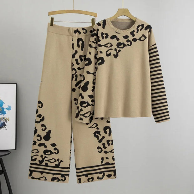 Elegant Women Knitted Suit Lounge Wear Knit Pants