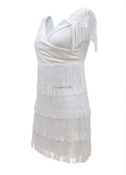 Women Evening Dresses Sexy Big V Neck One-shoulder Fringed Skirt Ladies Temperament Slim Dress Short Sleeve Club Dress Vestidos