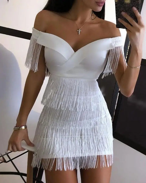 Women Evening Dresses Sexy Big V Neck One-shoulder Fringed Skirt Ladies Temperament Slim Dress Short Sleeve Club Dress Vestidos