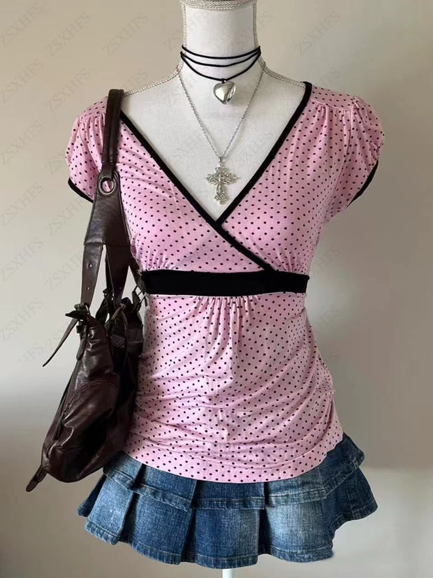 Aesthetic Crop Tops Women Clothes Polka Dot Vintage