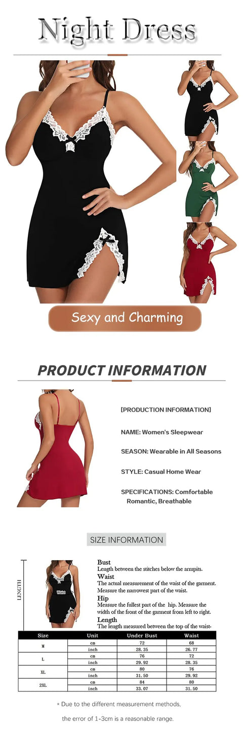 Sexy Sleepwear Women Lace Silk Satin V-Neck