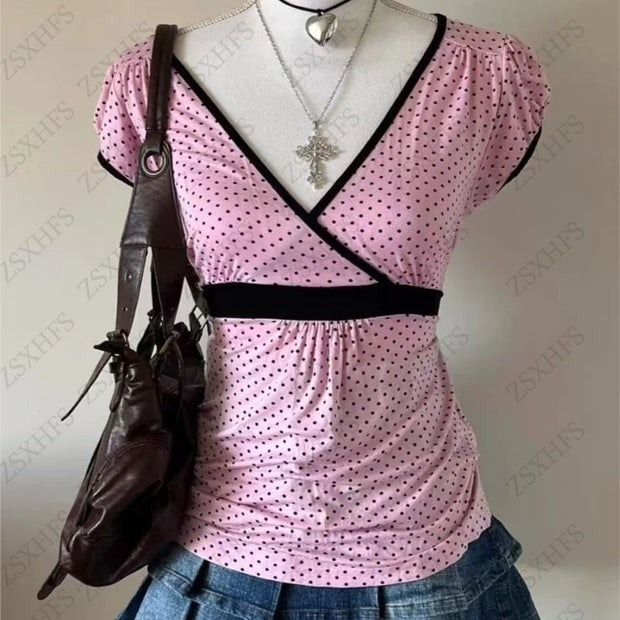 Aesthetic Crop Tops Women Clothes Polka Dot Vintage