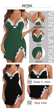Sexy Sleepwear Women Lace Silk Satin V-Neck