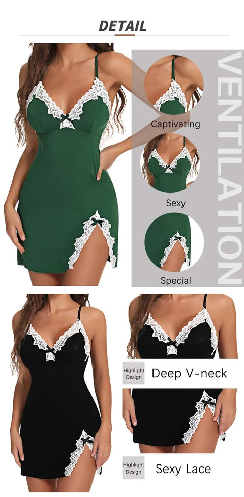 Sexy Sleepwear Women Lace Silk Satin V-Neck