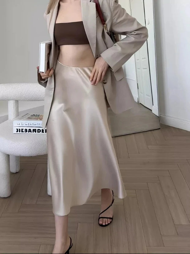 Silk Satin Skirts for Women Elastic High Waist