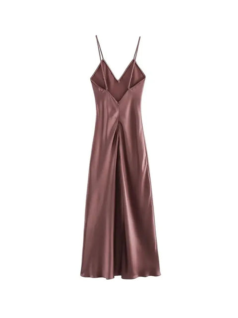 Women's Satin Midi Dress, V Neck, Thin Straps, Backless
