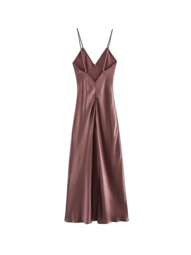Women's Satin Midi Dress, V Neck, Thin Straps, Backless