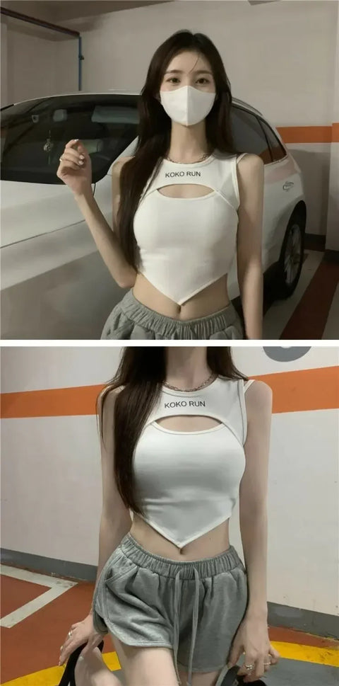 Casual Crop Tops Women Knit Irregular Tops Hollow