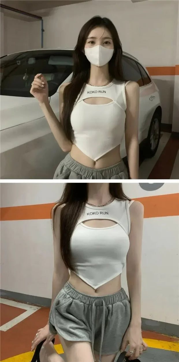 Casual Crop Tops Women Knit Irregular Tops Hollow