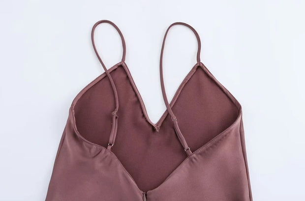 Women's Satin Midi Dress, V Neck, Thin Straps, Backless