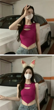 Casual Crop Tops Women Knit Irregular Tops Hollow