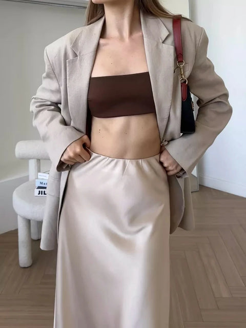 Silk Satin Skirts for Women Elastic High Waist