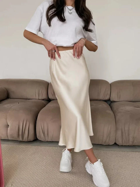 Silk Satin Skirts for Women Elastic High Waist