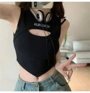 Casual Crop Tops Women Knit Irregular Tops Hollow