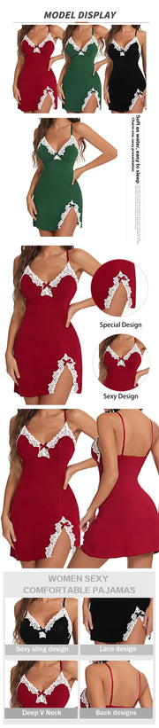 Sexy Sleepwear Women Lace Silk Satin V-Neck