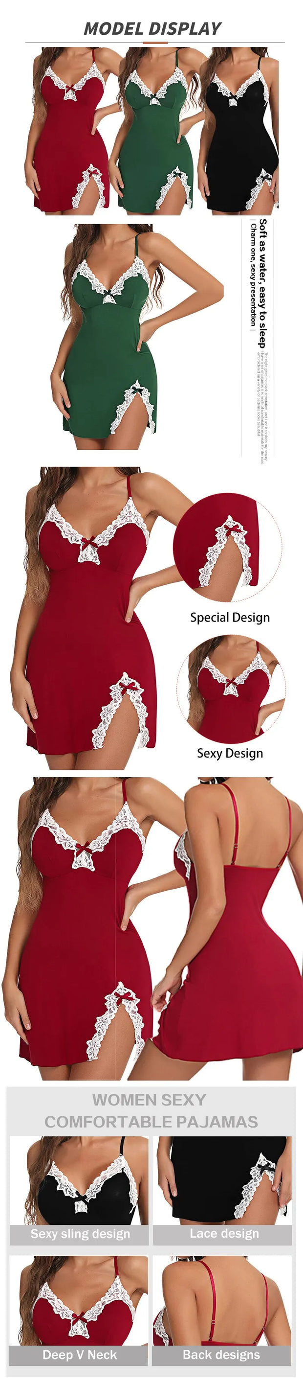 Sexy Sleepwear Women Lace Silk Satin V-Neck