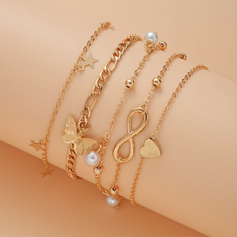 Bohemian Chic 4-Piece Anklets Set, Golden