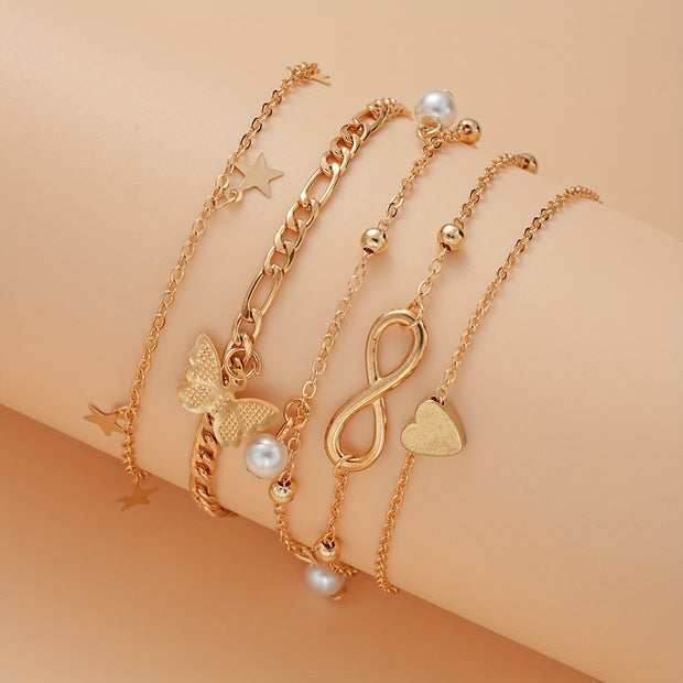 Bohemian Chic 4-Piece Anklets Set, Golden