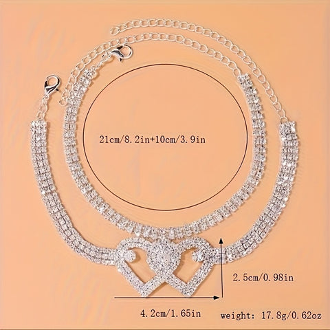 2pcs Trendy Style Double Heart Rhinestone Decor Anklets