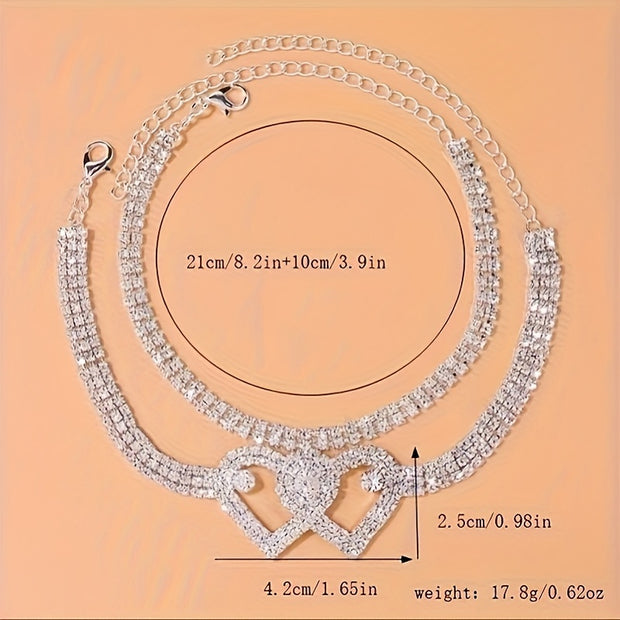 2pcs Trendy Style Double Heart Rhinestone Decor Anklets