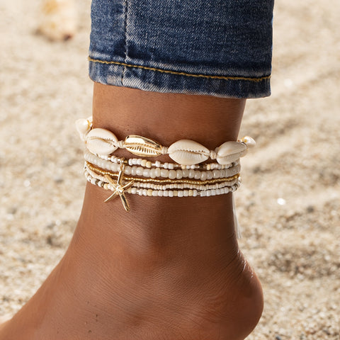 6pcs Set Unisex Glass Bead Anklets with Faux
