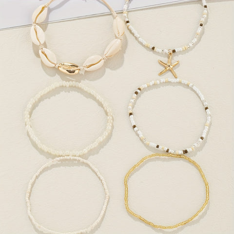 6pcs Set Unisex Glass Bead Anklets with Faux