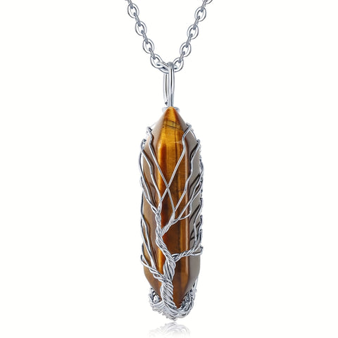 1pc Tree Of Life Wire Wrapped Crystal Point Pendant Necklace,
